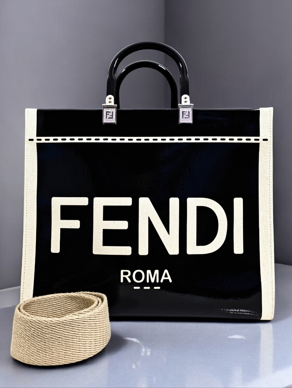 Fendi Medium Sunshine Shopper Black Patent Leather Canvas Trim Tote Shoulder Bag